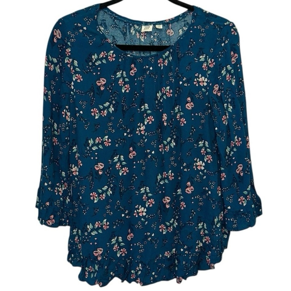 Gap Floral Blouse Small Blue‎ Ruffle Hem Peasant Boho Top Lightweight